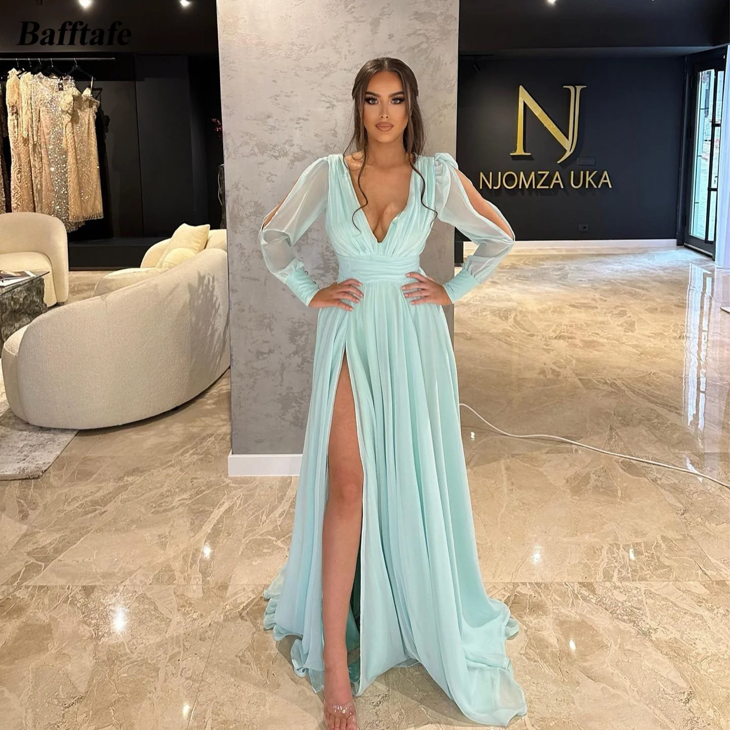 

Bafftafe A Line Chiffon Formal Party Dresses Slit Long Sleeves Prom Evening Dress Deep V-Neck Special Occasion Event Gowns 2024