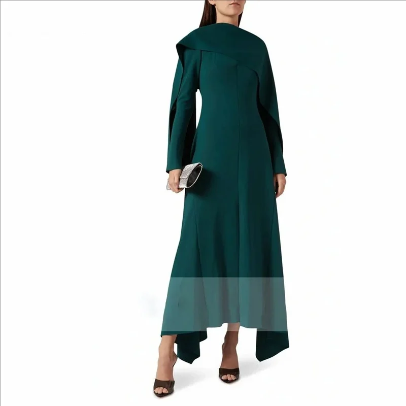 

Elegant Green A-Line Party Dresses O-Neck Long-Sleeve Midi Evening Dresses with Cape فساتين السهرة Customized