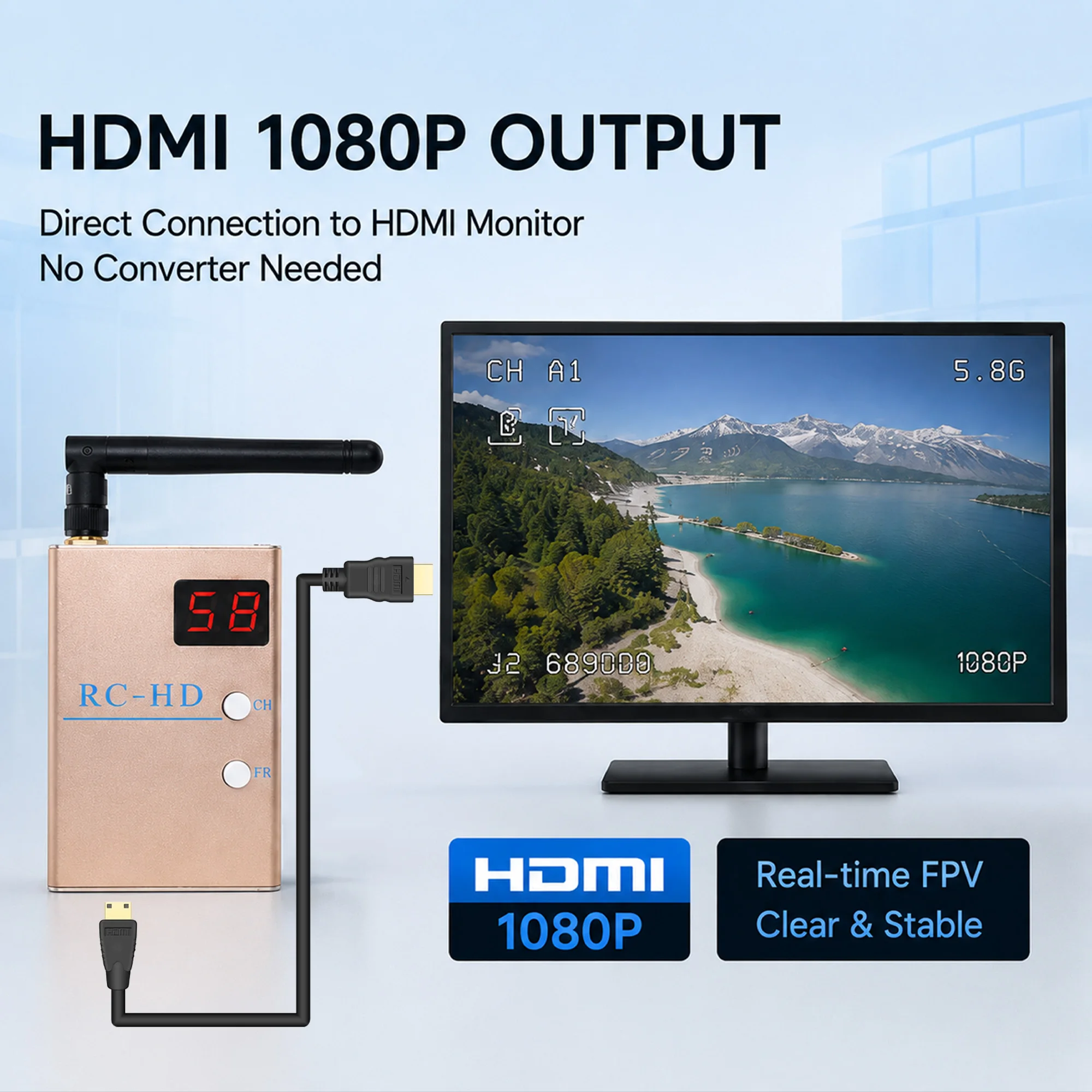 Receptor FPV de 5.8G, 48 Canales, Inalámbrico, 5.8GHz, HDMI 1080P, RC832, Señal AV Analógica para Dron, Quadcopter, Sistema FPV