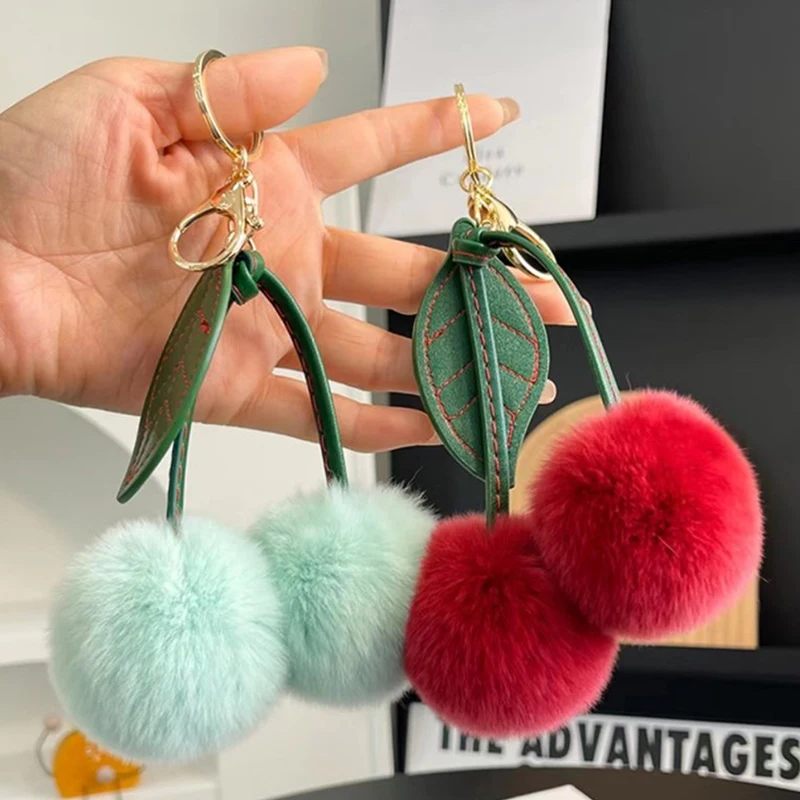 New Otter Rabbit Hair Cherry Multi-color Car Keychain Pendant Cute Pompom Doll Doll Bag Bag Hanging Key Chains for Women Gift