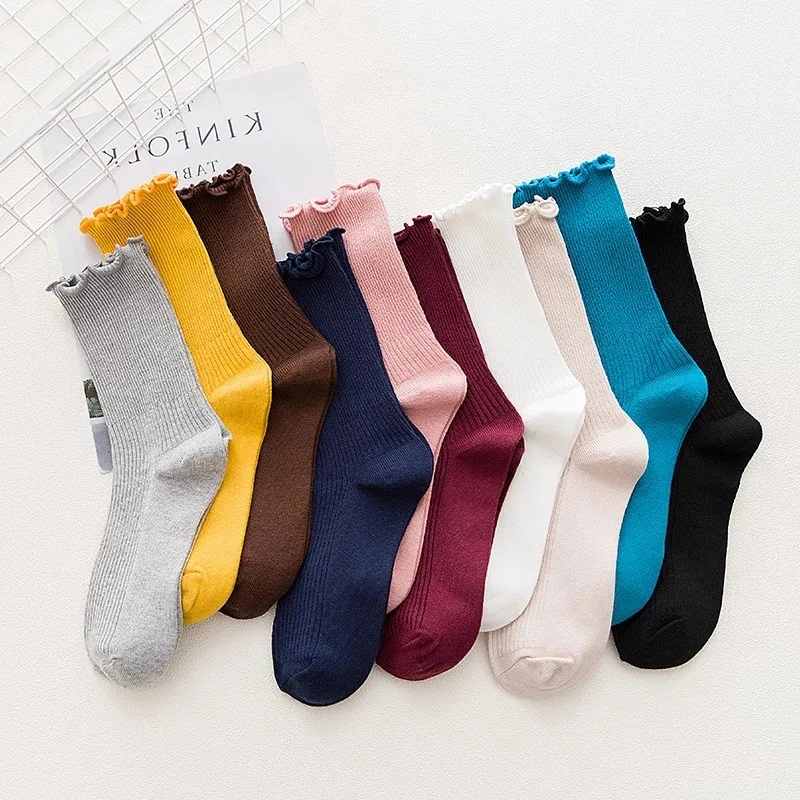 

1/3/5 Pairs Women‘s Lace Trim Ruffle Socks Cotton Stacked Socks Mid Calf Solid Color Kawaii Vintage Princess Socks Spring Autumn