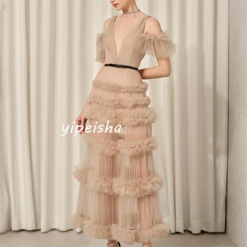 Retro Pastrol Tulle Tiered Pleat A-line V-neck Long Dresses Prom Dresses High Quality Unisex Chinese Style Matching Sexy Simple