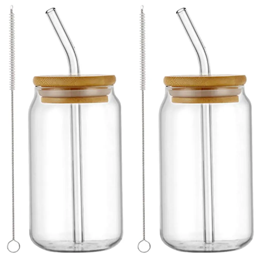 

2 Sets Glass Can Cup With Lid Straw Premium Transparent Water Tumbler Beverage Soda Milk Iced Coffee Cups Glass Clear Design