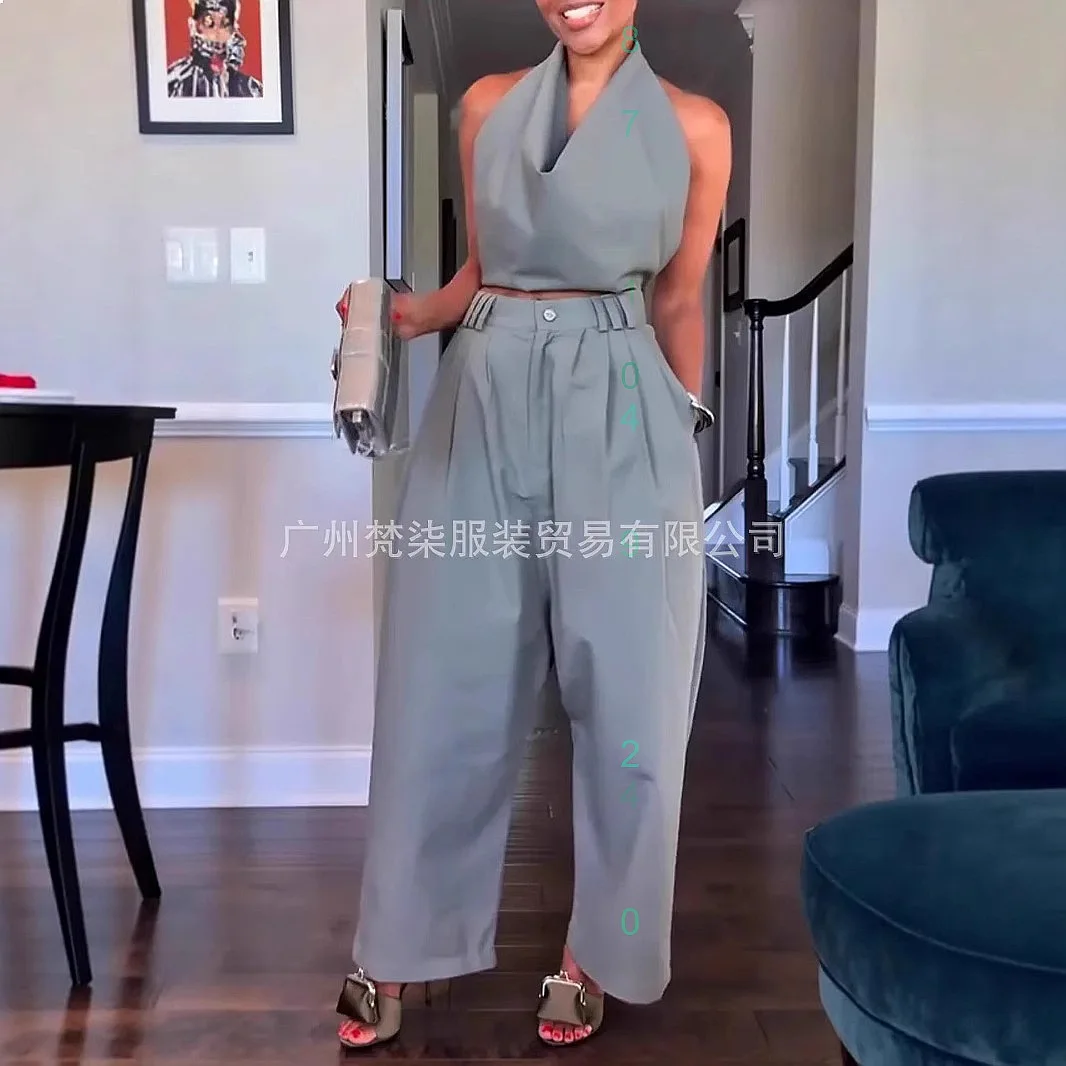 

Sexy Halter Backless Sleeveless Vest Top Loose Wide Leg Pants Jumpsuit Matching Set
