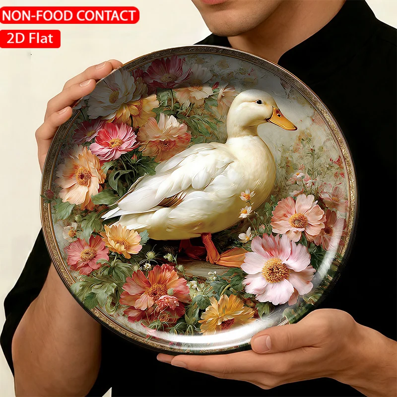1pc FORJN Modern Ceramic Decorative Plate - Round White Duck Floral Wall Plate Suitable, Living Room,, Non-Food Contact Dish
