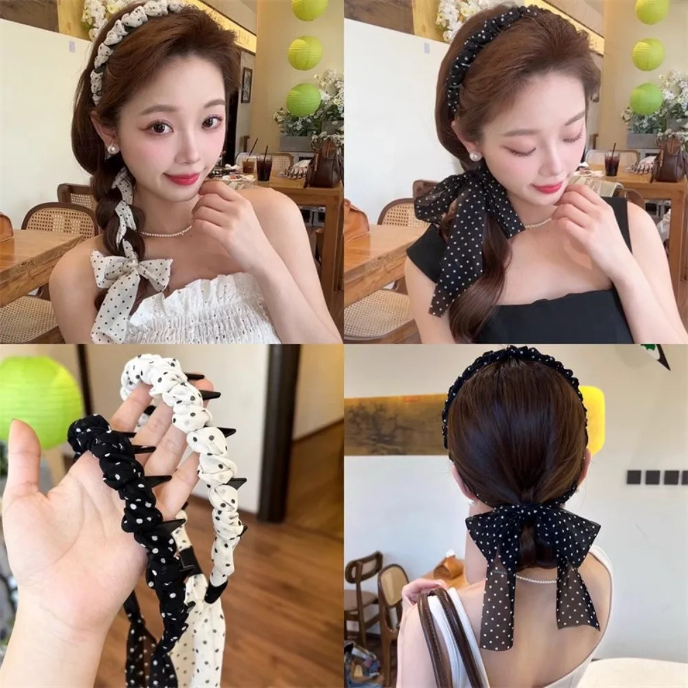 

Polka Dot Streamer Toothed Headbands Retro Fashion High Skull Top Scarf Tied Hair Pleated Bow Headband Dectortion