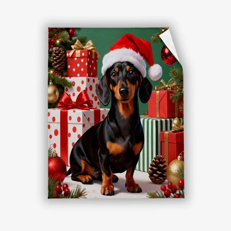 Christmas Dachshund Santa Hat Print Flannel Blanket, Soft Microfiber Throw Blanket for Sofa Bed, Xmas Home Decor Gift