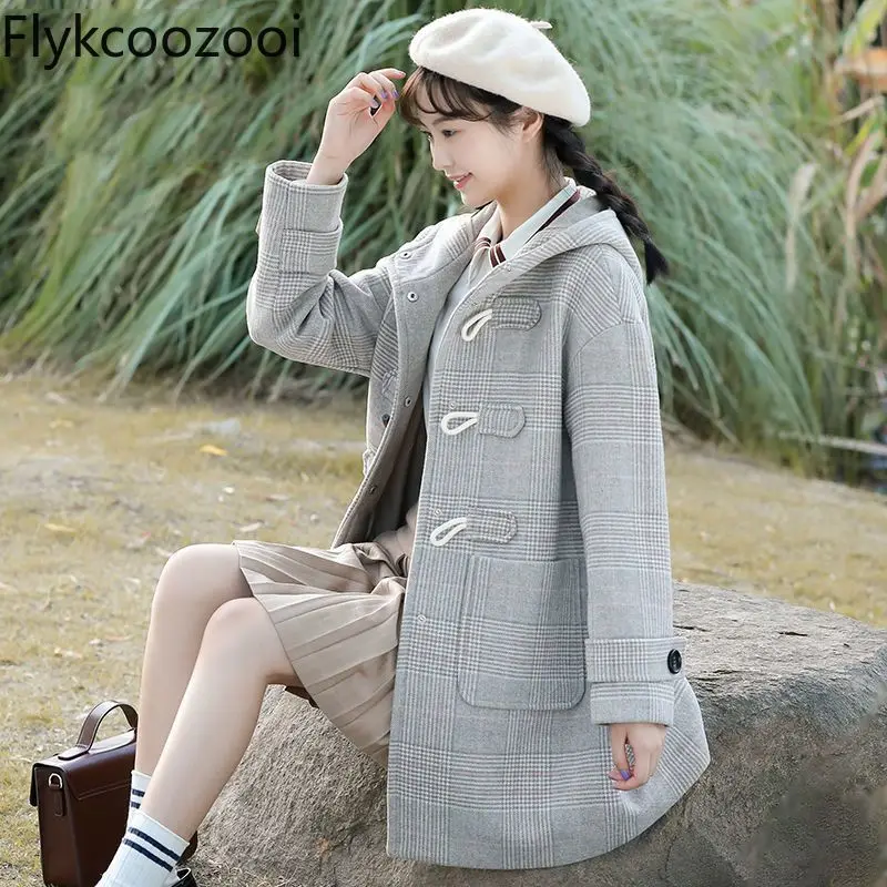 

Horn Button Plaid Tops for Girls Mid-length Korean Style High School Winter Clothing Junior Students Woolen Coat