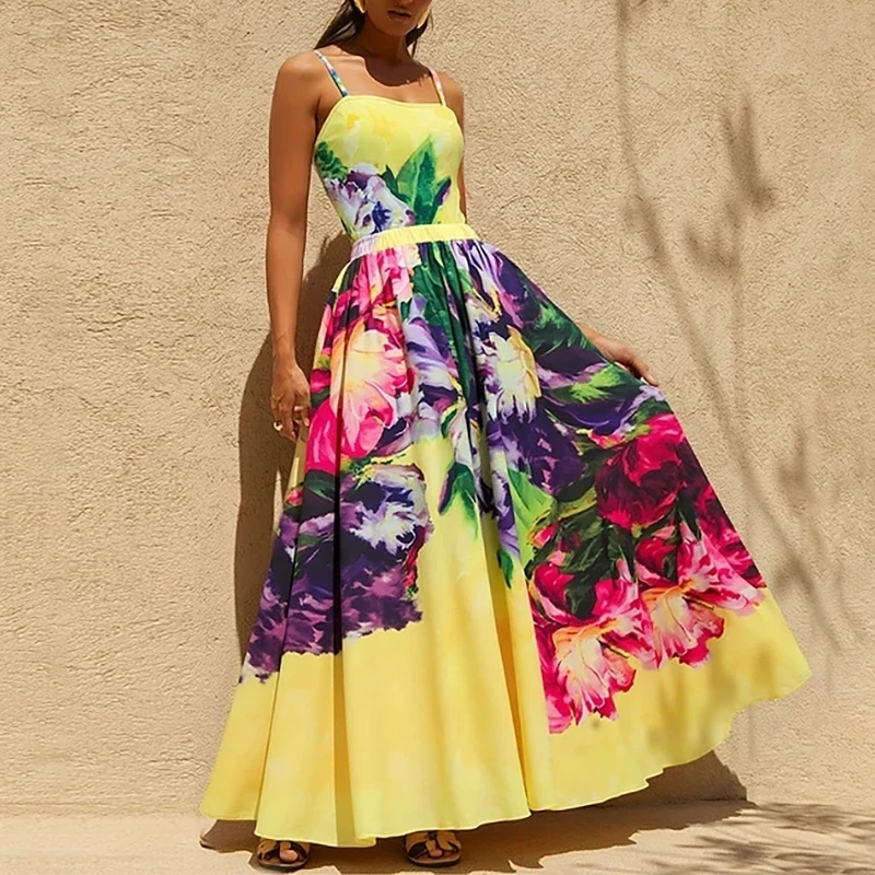 

Summer New Women Casual Bikini Vacation Set Elegant Sleeveless Slim Swimsuits Set Fashion Print Halter Bodysuits&Half Skirts Set