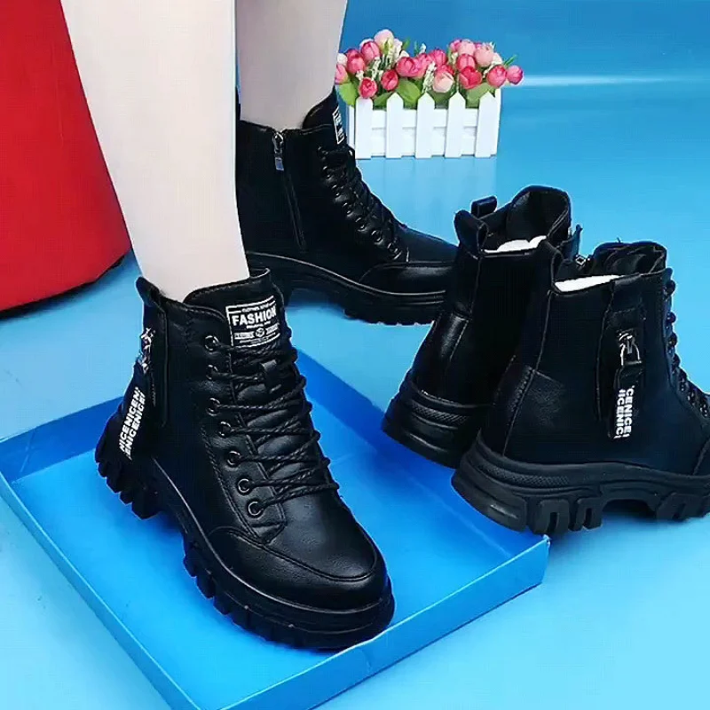 Casual Snow Boots Women Fashion Autumn Winter Soft Leather Ankle Boots New In High Top Platform Shoes Zipper Decor Cotton Shoes