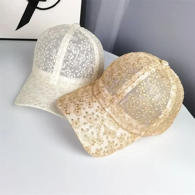 Topi bisbol payet renda tipis wanita, topi Snapback wanita payet renda tipis Serba Guna, topi bebek bersirkulasi udara, Jala, nyaman