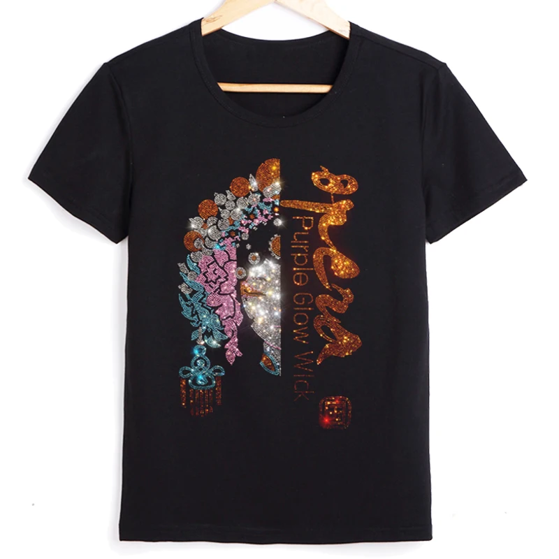 

Chinese Style Women's t-shirt Peking Opera Pattern Rhinestones Woman Clothes Fashion 2022 Short Sleeve Tee Top