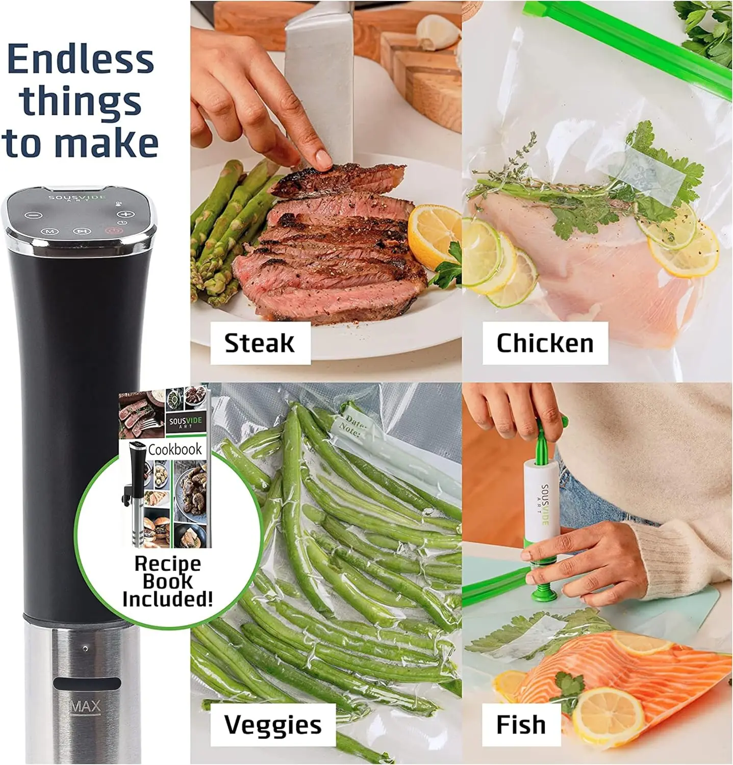 Kit fornello ad immersione Sous Vide - Macchina con timer digitale, controllo della temperatura, 30 sacchetti, pompa per vuoto, regalo per piano cottura per chef