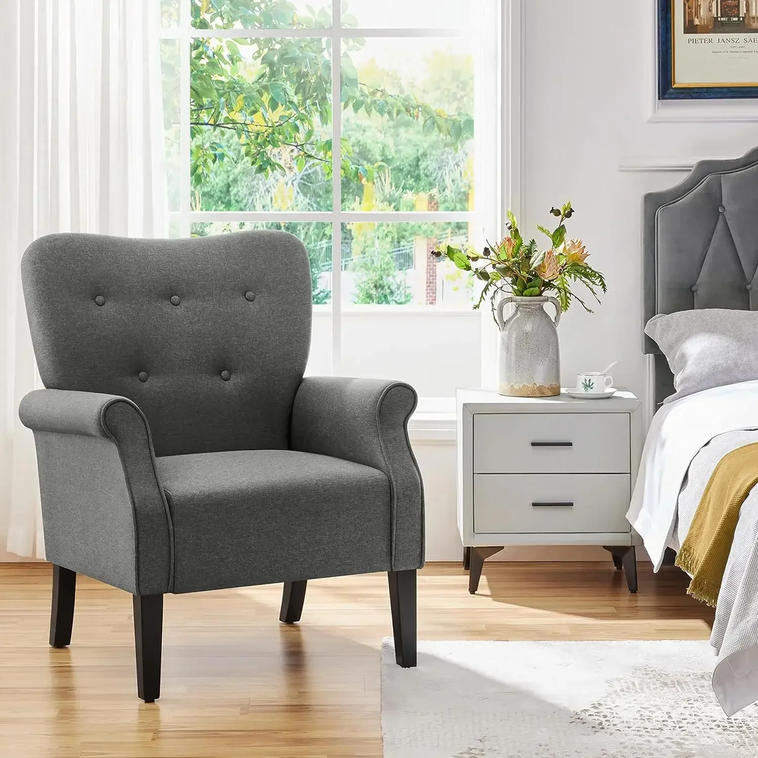 

A Modern Armchair, Mid Century Accent Chair with Sturdy Wood Legs and High Back for Small Space, for Living Room/Bedroom/Office