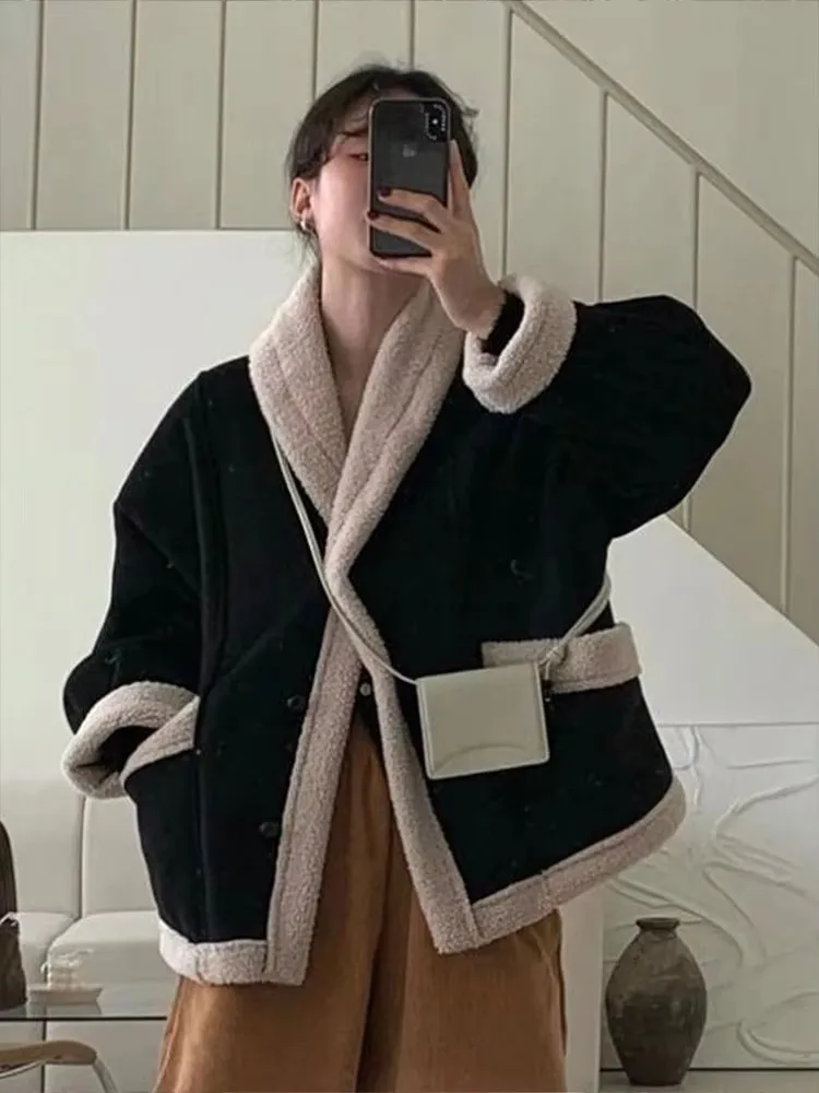 

HH женская повседневная теплая куртка на флисовой подкладке, осенне-зимнее пальто, куртки с v-образным вырезом и длинными рукавами, свободная верхняя одежда