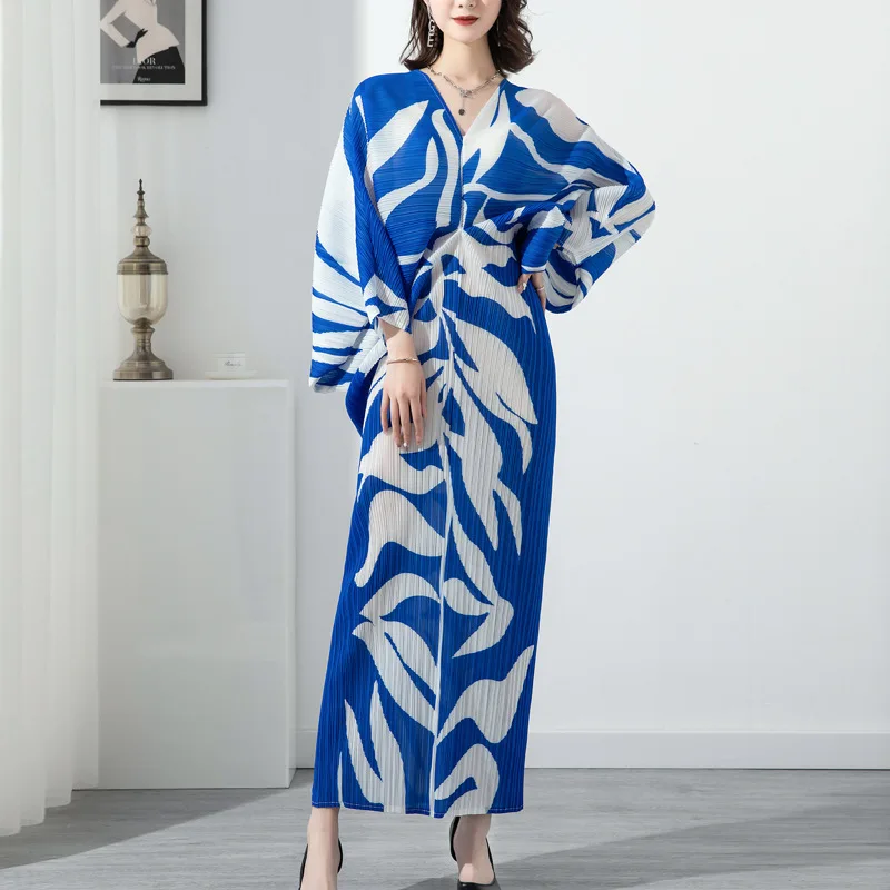

YZZ Fashion Pleated Print Doll Sleeves Loose Mixi Dress Women Elegant Vestidos Summer Fall 2022 Abaya Muslim Long Dress