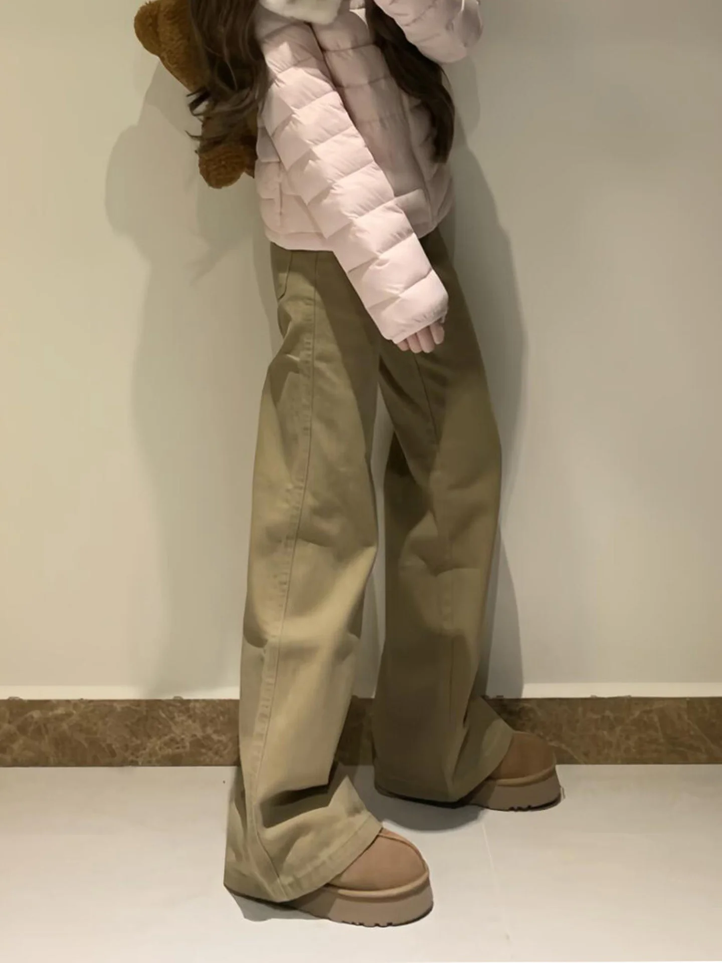 Rétro américain Fce doublé kaki lâche femmes jean taille haute jambe large pantalons longs pour poire aped corps automne hiver nouveau S...