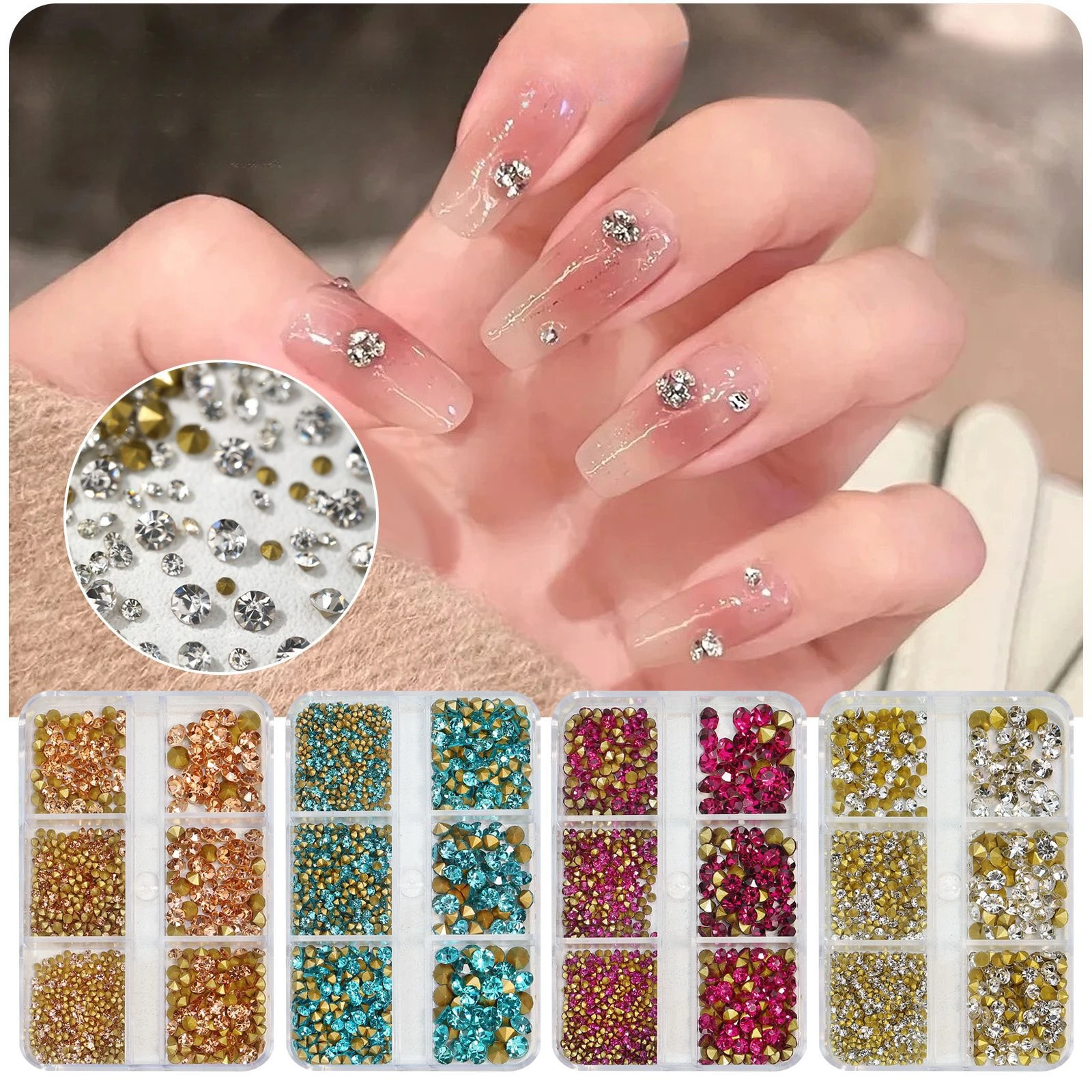 

Sparkling Rhinestones Nail Art Decorations, 6-Grid Box Mixed Size Nail Accessories with Pointed Bottom Crystals