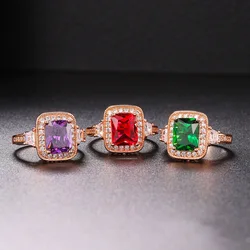 ZHOUYANG Luxury Women's Ring With Big Stone Retro Square Red Green Zircon Rose Gold Color Wedding Bride Accessories Jewelry R358