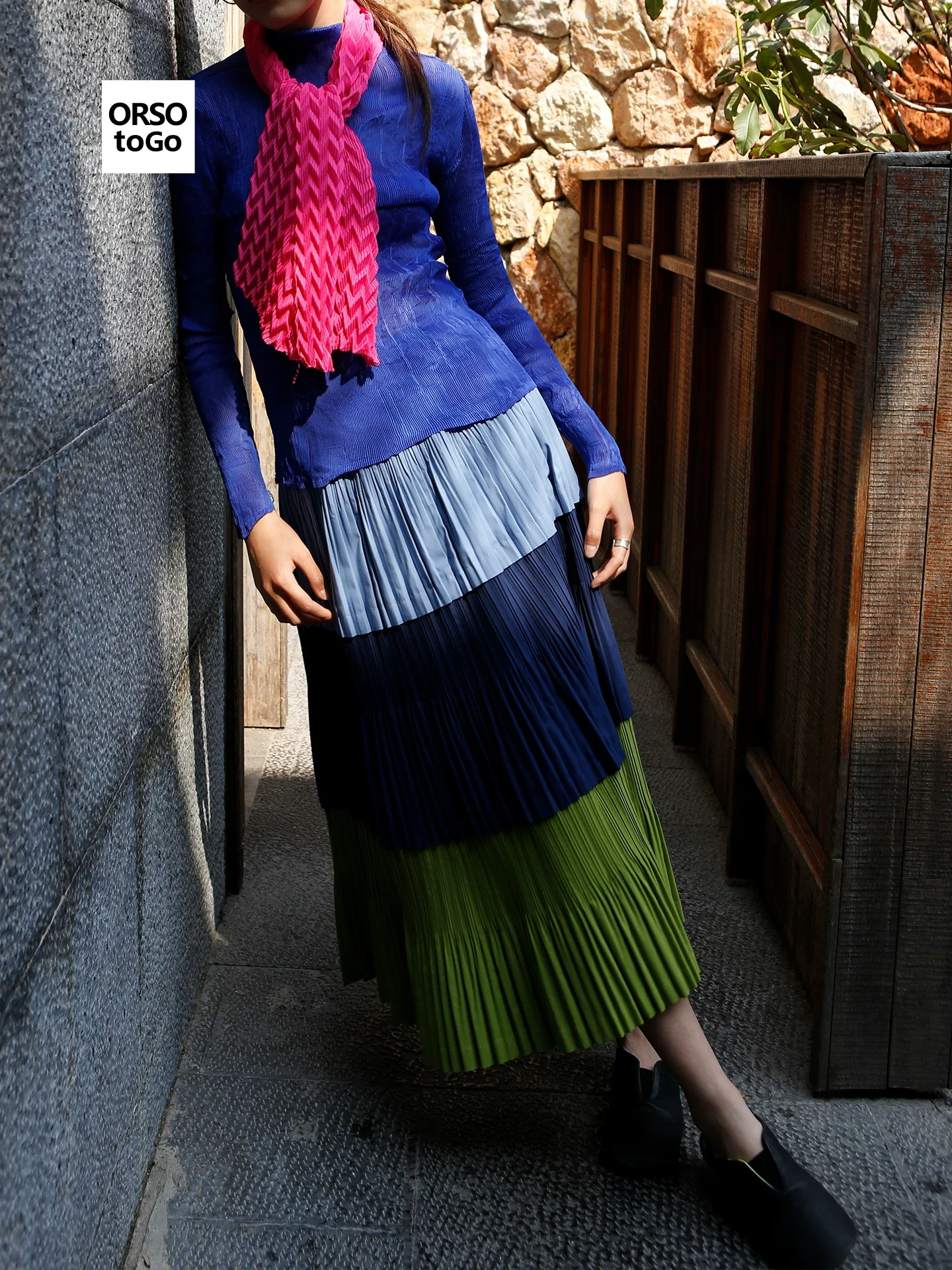 Women's color-block spliced long pleated A-line skirt with drape, Yi ethnic style design