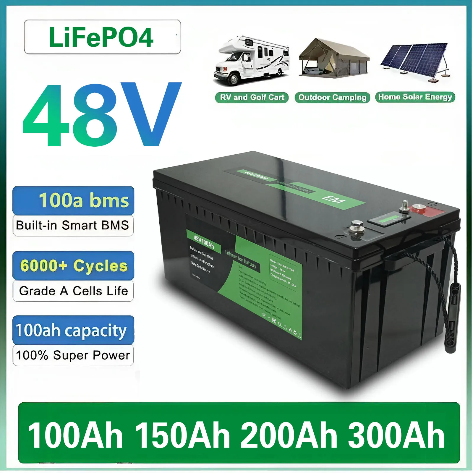 Lifepo4 Lithium Battery pack 48V 50Ah 100Ah 150Ah 200Ah 300Ah bluetooth Parellel for Solar system 3000W 5000W 6000W Inverter
