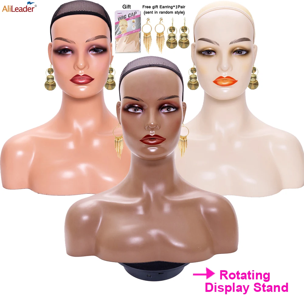 Realistic Female Mannequin Head with Shoulder 360° Electric Display Turntable Plastic Jewelry Display Head with Earring