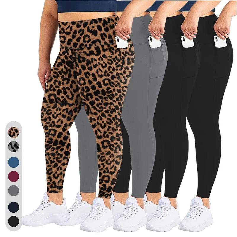Women High Waist Leopard Print Yoga Pants Plus Size Pocket Tights Black Stretchy Butt Lifting Full Length Workout Leggings