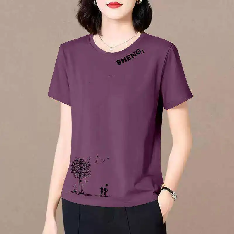 

Loose Casual round Neck Short Sleeve T-Shirt Women's Summer New Style Mom Ladies Top Belly Cover Design Sense Body Shirt