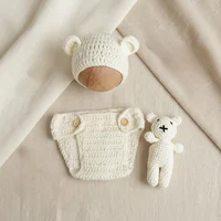 Newborn Baby Photo Props Bear 3 Piece Knitted Set Hat Shorts Bear Plush Toy Photography Accessories 4
