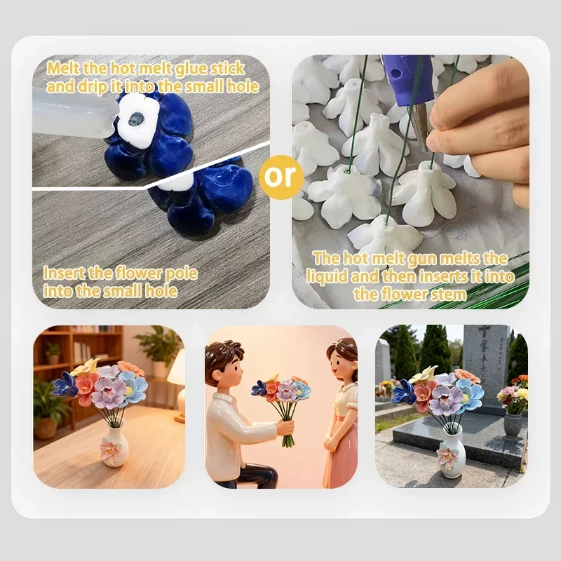 6 زهور سيراميك مصنوعة يدويًا لتزيين الأزهار هدية مثالية لعام جديد لحفلات الزفاف وعيد الحب ديكور منزلي داخلي/خارجي