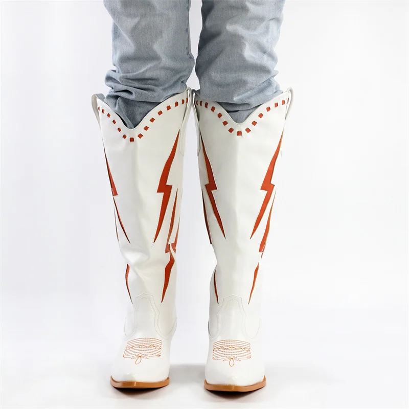 Onlymaker Women White Knee High Boots Western Cowboy Boots Wide Calf Embroidered Pointed Toe Block Heel Pull-On Cowgirl Booties