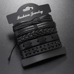 5pcs Punk rock black leather braid bracelet for men women