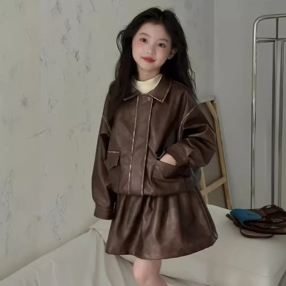 

Baby Girl Clothes Suit 2024 Autumn Girls Retro Port Style Coffee Color Leather Suit Girls Jacket Skirt Two-piece Set