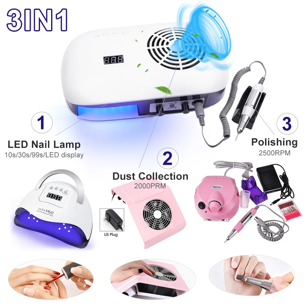 Multifuncional Manicure máquina com lâmpada LED UV, prego broca elétrica, poderoso aspirador de pó, 3 em 1