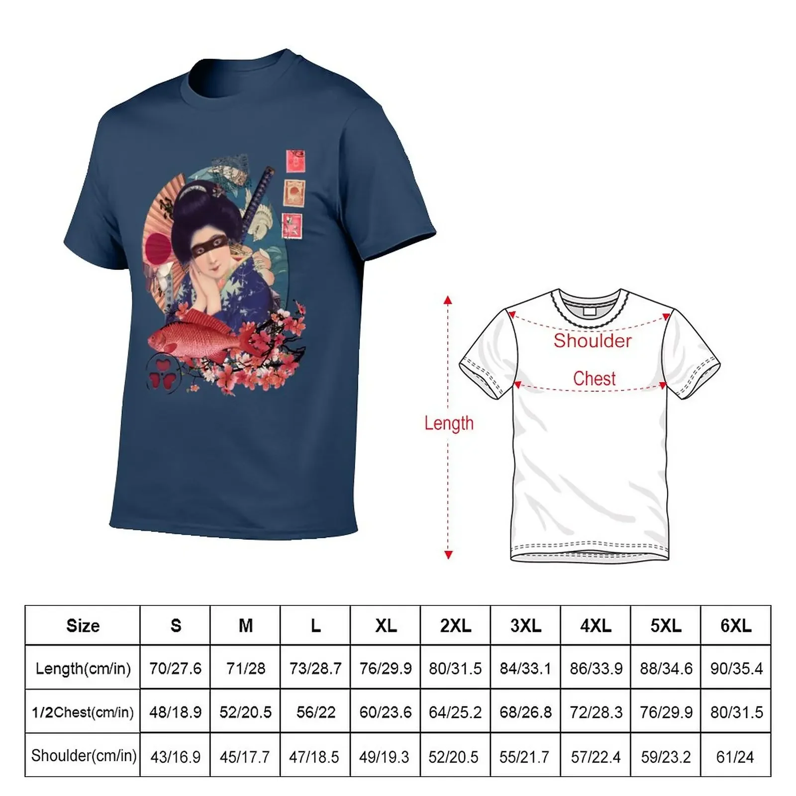 New Collage Geisha Samurai in Coral, Indigo and Marsala T-Shirt Short t-shirt quick-drying t-shirt mens plain t shirts