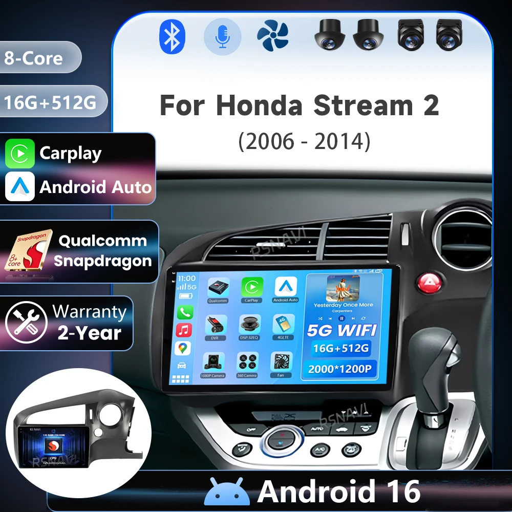 Android 16 Qualcomm Carplay Auto Car Radio Multimedia Player For Honda Stream 2 2006 - 2014 BT Autoradio Stereo 24-Hour Shipping