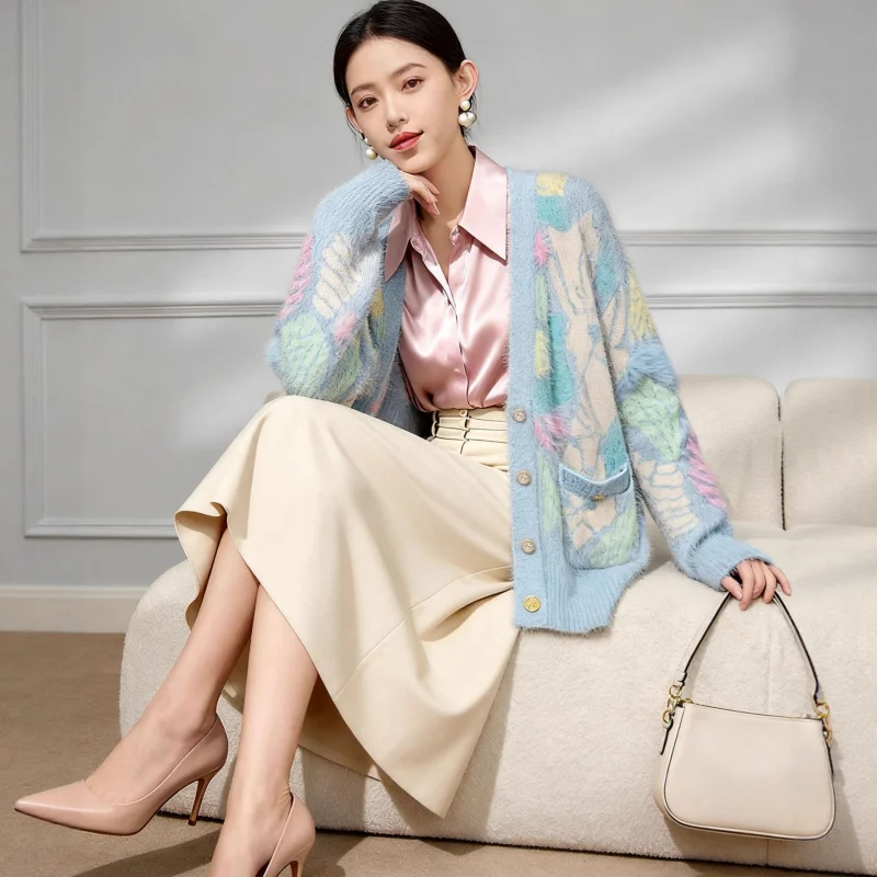 

2026 Spring and Autumn New Colorful Cloud Pattern and Sweet Loose Versatile Knitted Cardigan Women's Top