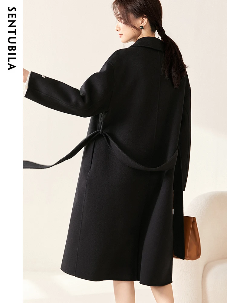 SENTUBILA Double Breasted 100% Wool Coat for Women 2024 Winter Elegant Thick Double Faced Woolen Belted Long Overcoat W24O42056