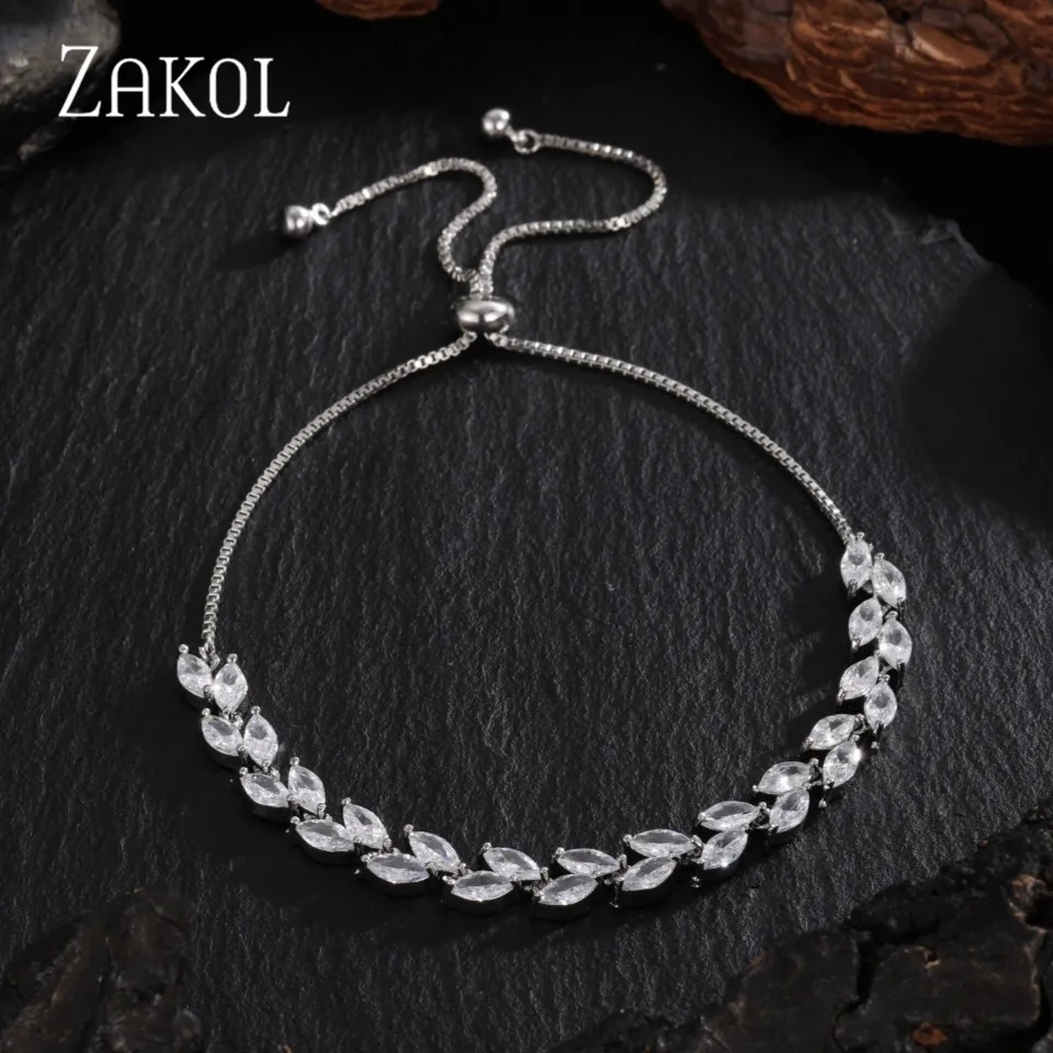 ZAKOL Fashion Wedding Jewelry Hand Accessory Prong Cubic Zirconia Marquise Leaf Elegancka regulowana bransoletka dla kobiet