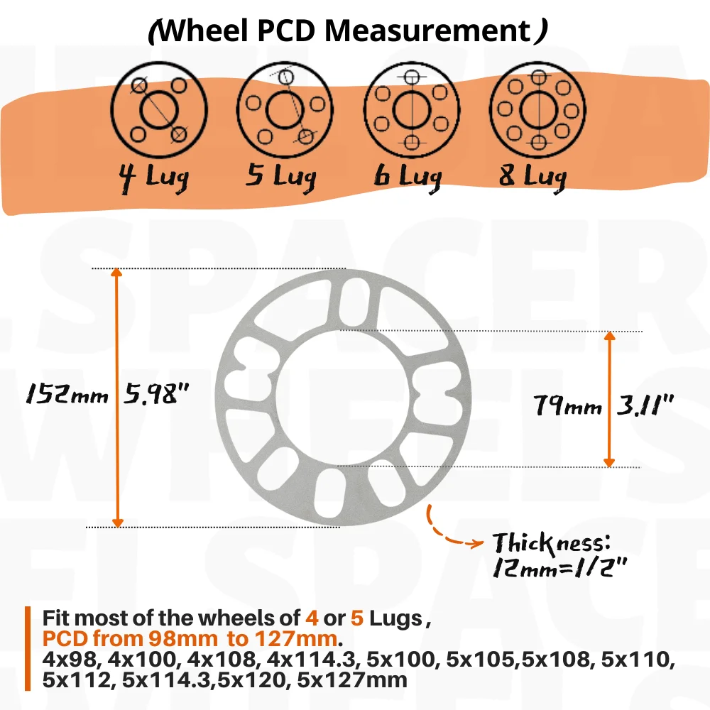 12mm Universal Wheel Spacers for Most 4 Lug & 5 Lug Wheel PCD 98 to 127 Bolts Pattern 5x100 5x108 5x110 Hub Wheel Adapter Qty(2)