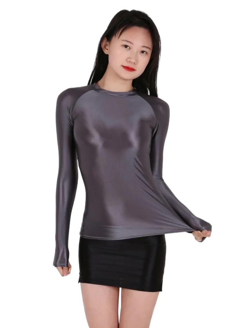 thin shiny bodice slim fit long sleeve T-shirt sexy transparent breathable comfortable sports Euro-American fashion bodysuits 3F