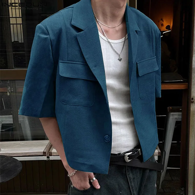 INCERUN Men Blazer Solid Color Lapel Short Sleeve Button Pockets Casual Suits Men Streetwear 2024 Fashion Leisure Blazer S-5XL