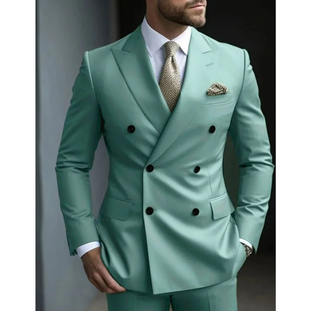 Mint Green Double Breasted Men's Suits Six-buttons 2 Piece Set Blazer Pant Custom Made Wedding Tuxedos Male Prom Party Suits