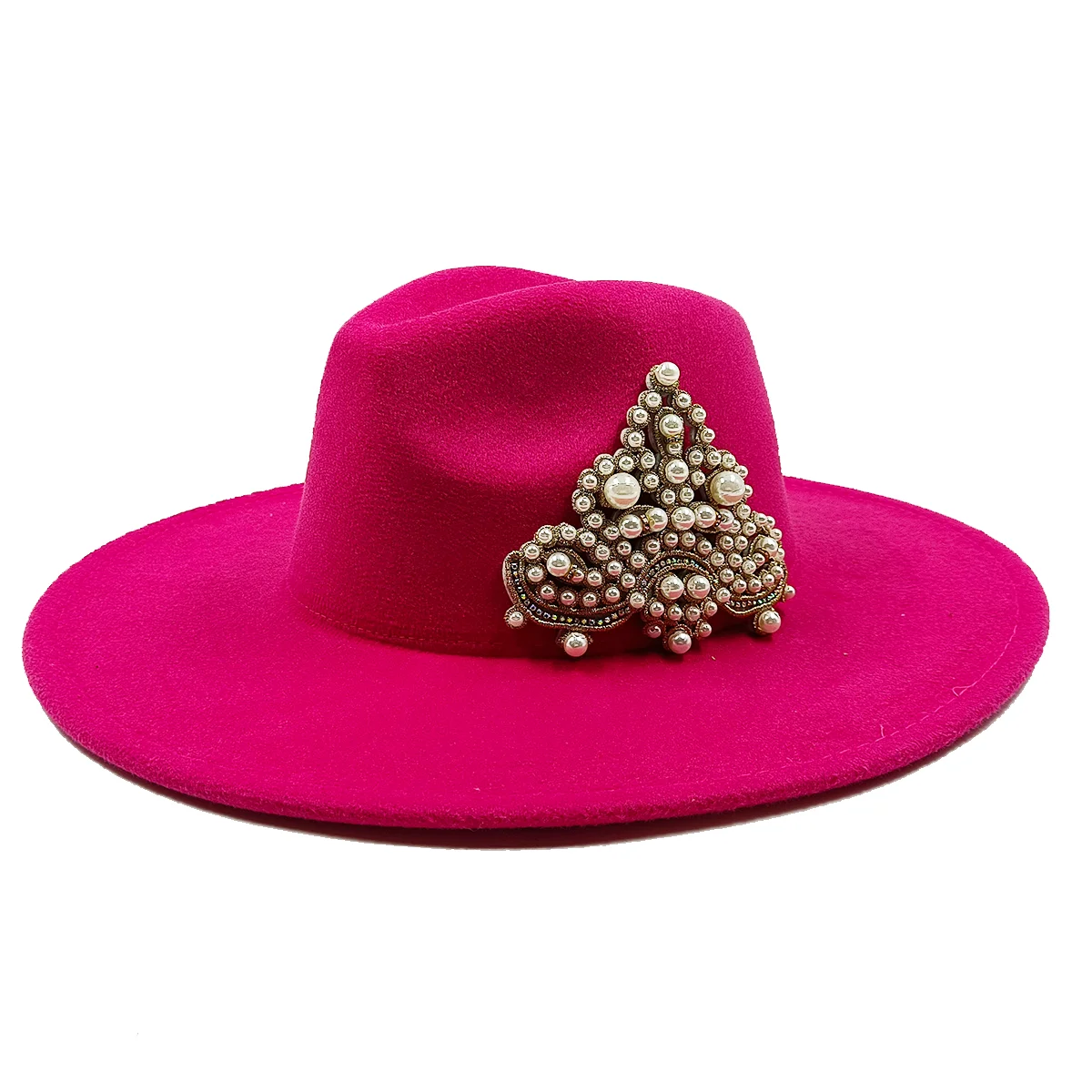 

Women's Hat Wide Brim Simple Church Derby Top Hat Panama Solid Felt Fedoras Hat for Women Jazz Cap Pearl Crown Accessories 2022