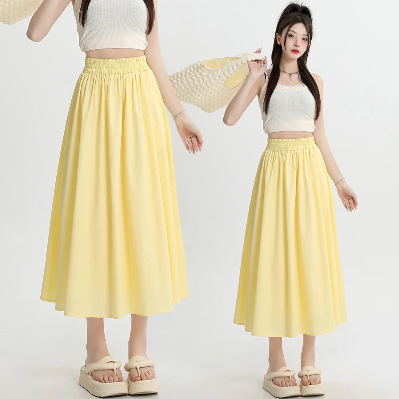 

Summer Long Skirt Women Korean Fashion Elastic High Waist Solid A-LINE Cotton Mid-Calf Skirt