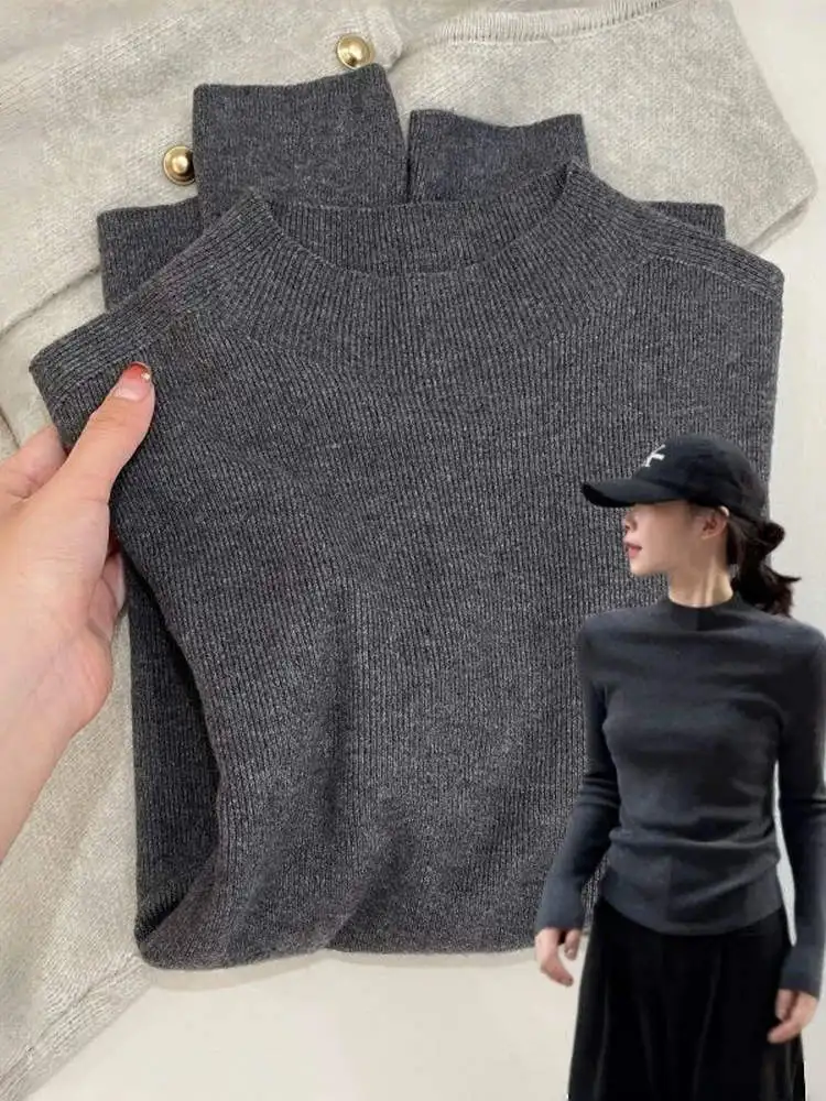 

Soft Cozy Deep ey f High Ne Knitted Base irt Women's Autumn Winter Faionable Layering Small Stand Collar Inner Wea...