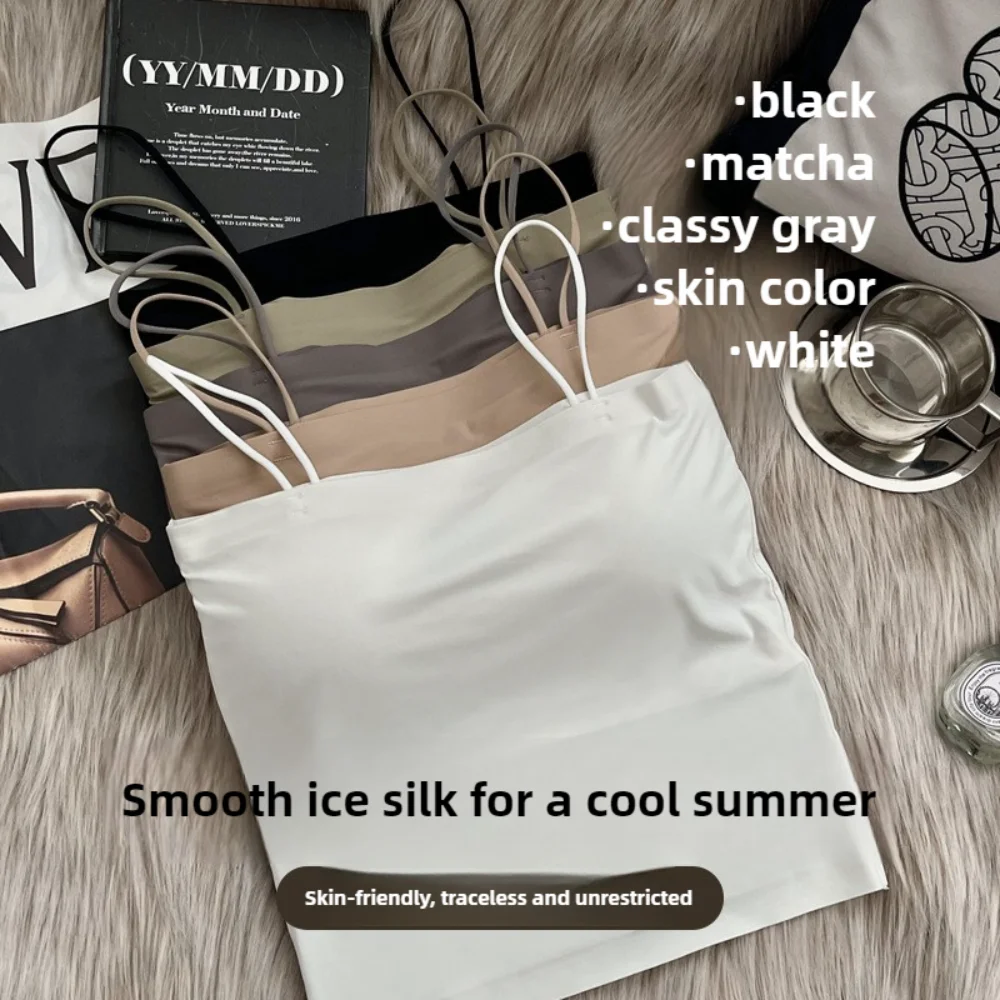 

5Pcs/lot,Summer ice silk seamless suspender outer wear inner anti-light with chest pad integrated bottoming underwear.