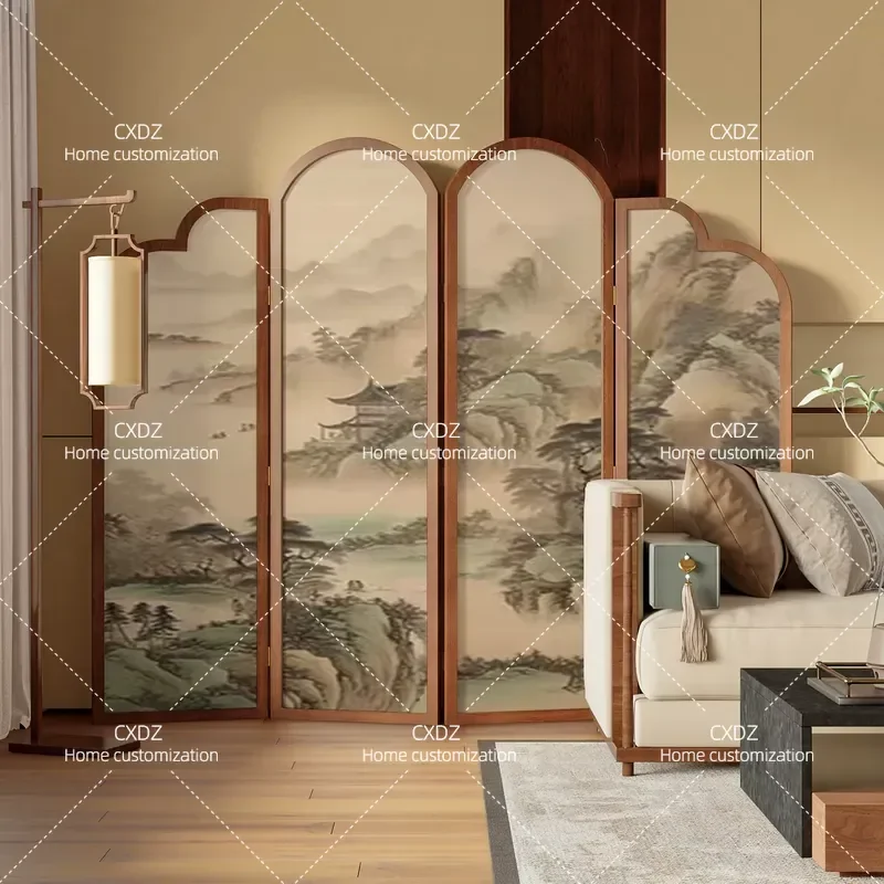 Song Style Aesthetics New Chinese Retro Landscape Solid Wood Screen Partition Living Room Entrance Movable Sofa Decoration
