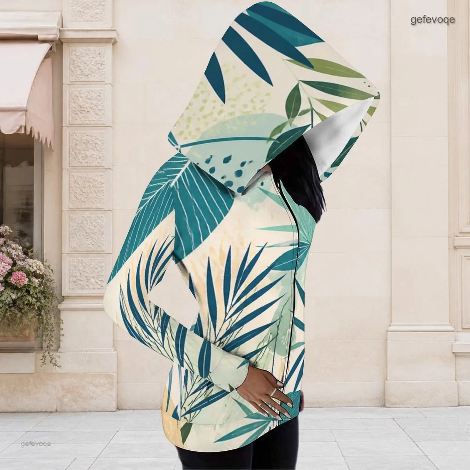 Women Long Sleeve Front Zip Hooded Printed Hoodie
