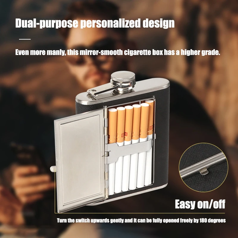 2 in 1 Stainless Steel Hip Flask with Cigarette Case Black Leather Wrapped Portable Liquor Flask Cigarette Holder Box for Men